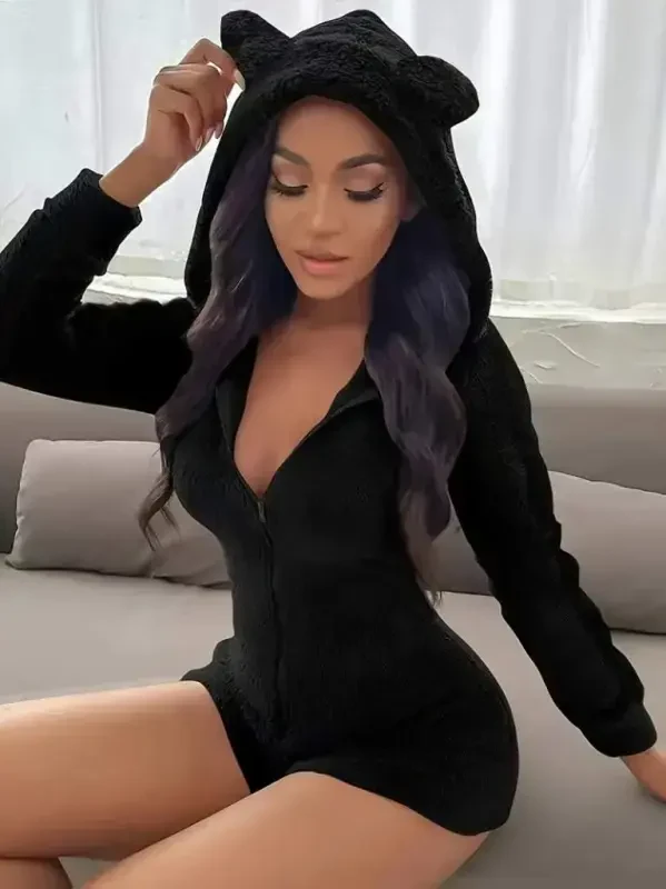 Women's Long Sleeve Hooded and Zipper Detailed Plush Shorts Jumpsuit - BÜYÜKBEDENIZ