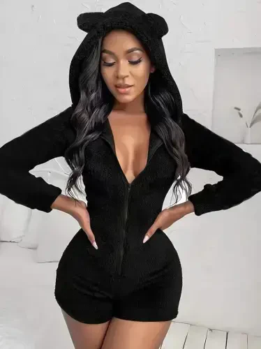 Women's Long Sleeve Hooded and Zipper Detailed Plush Shorts Jumpsuit - BÜYÜKBEDENIZ (1)