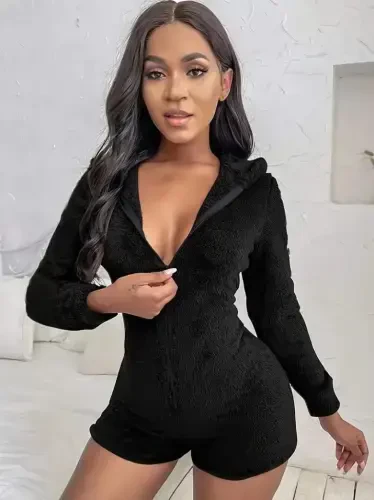 Women's Long Sleeve Hooded and Zipper Detailed Plush Shorts Jumpsuit - 3