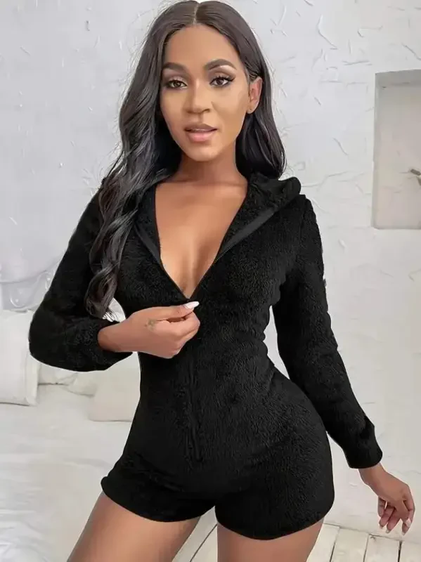 Women's Long Sleeve Hooded and Zipper Detailed Plush Shorts Jumpsuit - 3