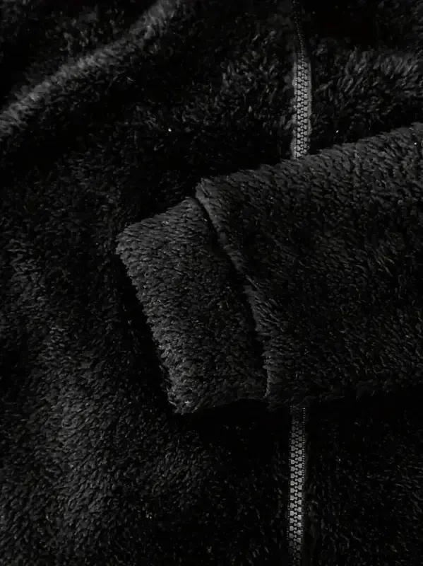 Women's Long Sleeve Hooded and Zipper Detailed Plush Shorts Jumpsuit - 4