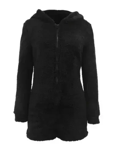 Women's Long Sleeve Hooded and Zipper Detailed Plush Shorts Jumpsuit - 5