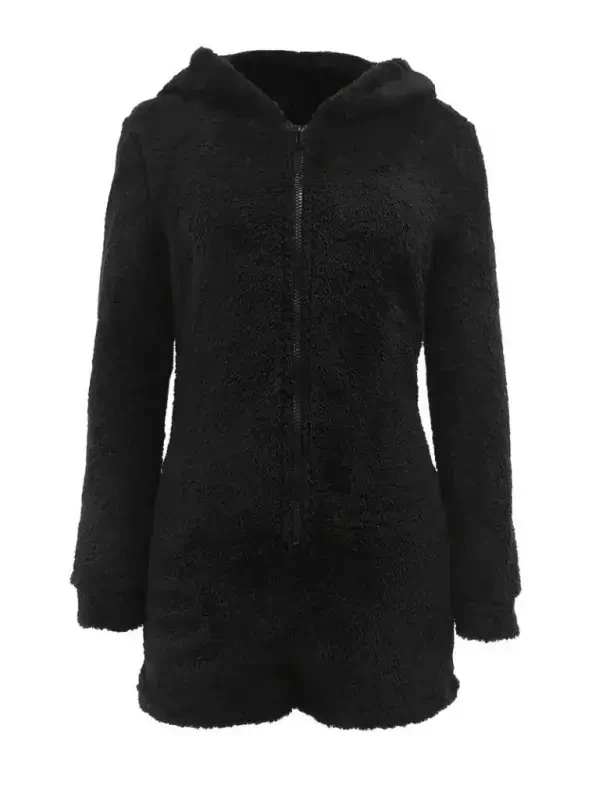 Women's Long Sleeve Hooded and Zipper Detailed Plush Shorts Jumpsuit - 5