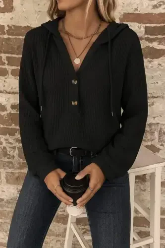 Women's Long Sleeve Hooded Button-Down and Drawstring Waffle Knit Top - 1