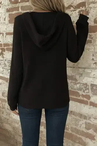 Women's Long Sleeve Hooded Button-Down and Drawstring Waffle Knit Top - BÜYÜKBEDENIZ (1)