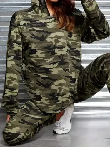 Women's Long Sleeve Hooded Camouflage Patterned Blouse and Pants Leggings Two Piece Set - BÜYÜKBEDENIZ (1)