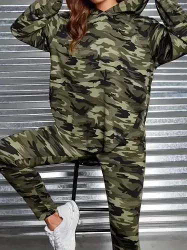 Women's Long Sleeve Hooded Camouflage Patterned Blouse and Pants Leggings Two Piece Set - 3