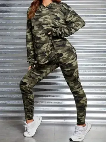 Women's Long Sleeve Hooded Camouflage Patterned Blouse and Pants Leggings Two Piece Set - 4