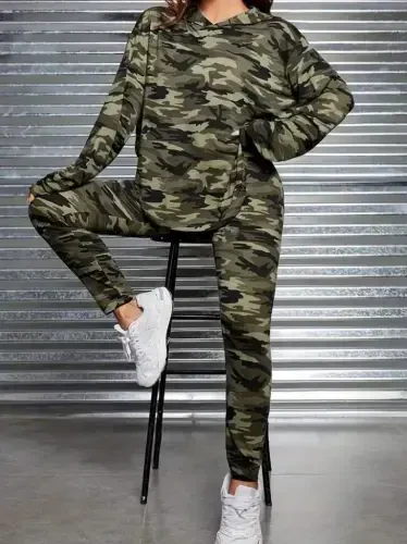 Women's Long Sleeve Hooded Camouflage Patterned Blouse and Pants Leggings Two Piece Set - 5