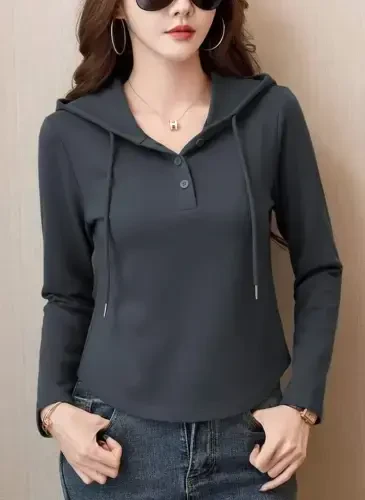 Women's Long Sleeve Hooded Drawstring Buttoned Viscose Two Thread Smoke Blouse - 1