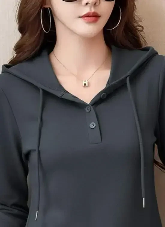 Women's Long Sleeve Hooded Drawstring Buttoned Viscose Two Thread Smoke Blouse - 2