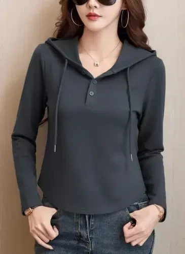 Women's Long Sleeve Hooded Drawstring Buttoned Viscose Two Thread Smoke Blouse - 3