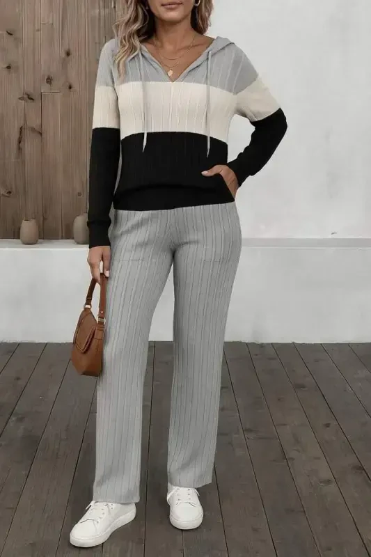 Women's Long Sleeve Hooded Drawstring Color Block Fleece Ribbed Blouse and Pants Two Piece Set - BÜYÜKBEDENIZ