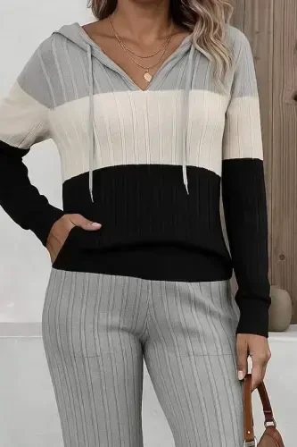 Women's Long Sleeve Hooded Drawstring Color Block Fleece Ribbed Blouse and Pants Two Piece Set - BÜYÜKBEDENIZ (1)