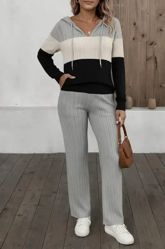 Women's Long Sleeve Hooded Drawstring Color Block Fleece Ribbed Blouse and Pants Two Piece Set - 3