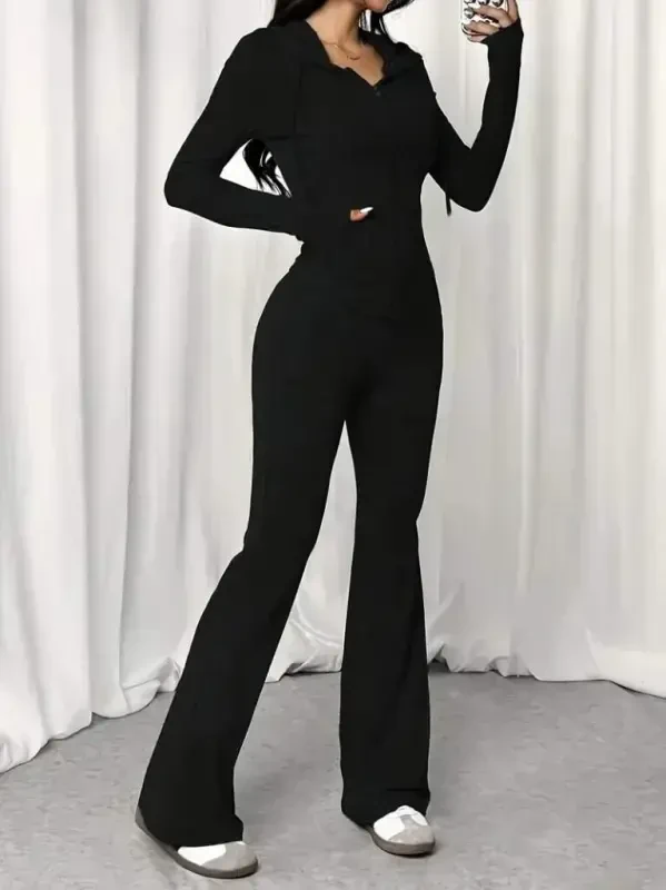 Women's Long Sleeve Hooded Drawstring Front Zipper Viscose Two Thread Blouse and Pants Set - 1