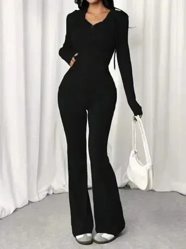 Women's Long Sleeve Hooded Drawstring Front Zipper Viscose Two Thread Blouse and Pants Set - 3