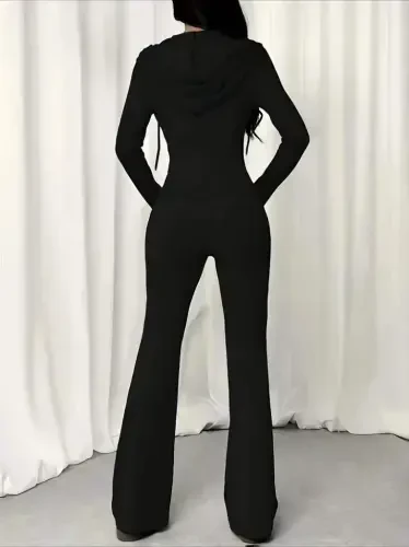 Women's Long Sleeve Hooded Drawstring Front Zipper Viscose Two Thread Blouse and Pants Set - 4