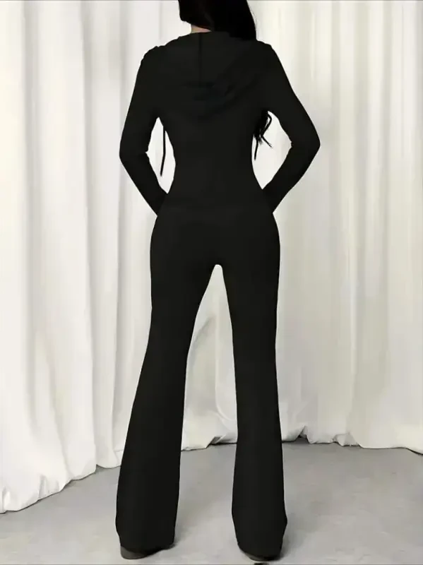 Women's Long Sleeve Hooded Drawstring Front Zipper Viscose Two Thread Blouse and Pants Set - 4