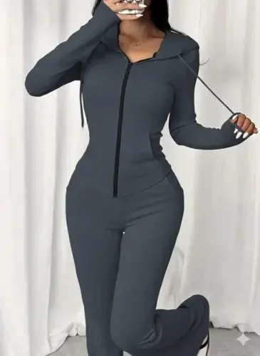 Women's Long Sleeve Hooded Drawstring Front Zipper Viscose Two Thread Blouse and Pants Set - 1