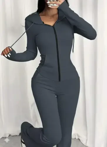 Women's Long Sleeve Hooded Drawstring Front Zipper Viscose Two Thread Blouse and Pants Set - 3