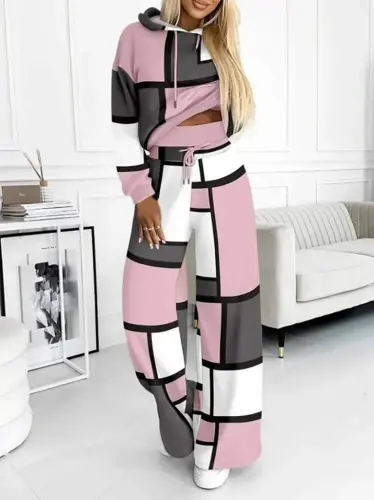 Women's Long Sleeve Hooded Drawstring Patterned Two Thread Blouse and Trousers Set - 1