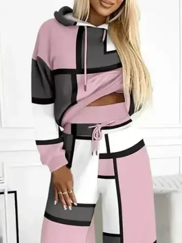 Women's Long Sleeve Hooded Drawstring Patterned Two Thread Blouse and Trousers Set - 2