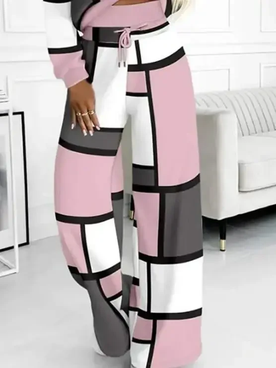 Women's Long Sleeve Hooded Drawstring Patterned Two Thread Blouse and Trousers Set - 3