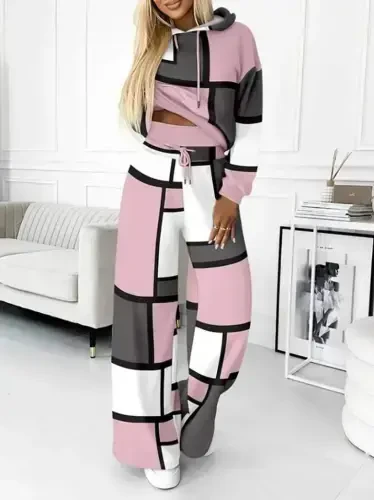 Women's Long Sleeve Hooded Drawstring Patterned Two Thread Blouse and Trousers Set - 4