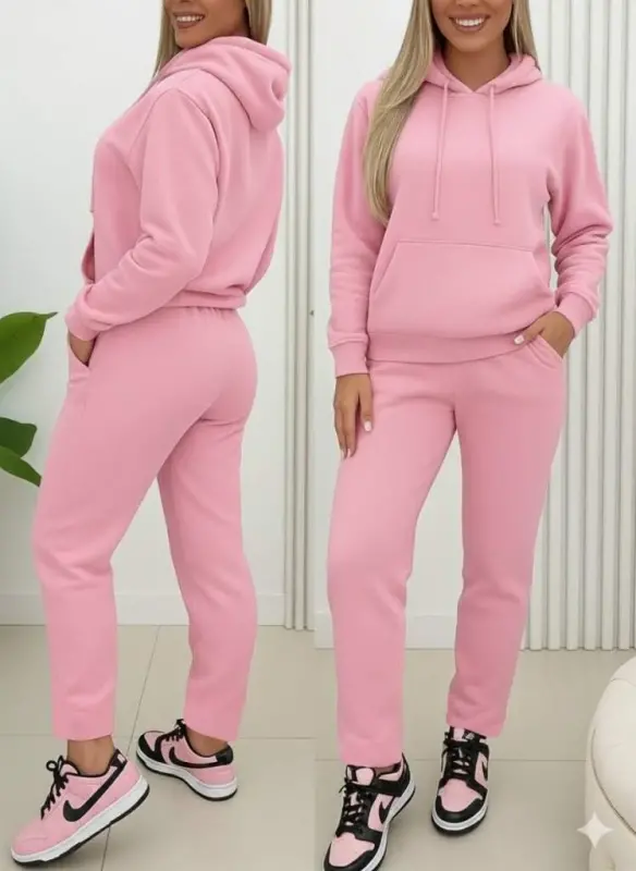 Women's Long Sleeve Hooded Drawstring Three Thread Blouse and Pants Set - BÜYÜKBEDENIZ