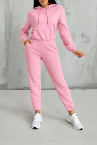 Women's Long Sleeve Hooded Drawstring Three Thread Blouse and Pants Set - BÜYÜKBEDENIZ (1)