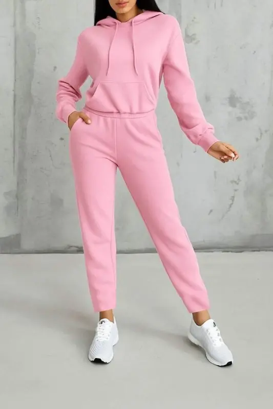 Women's Long Sleeve Hooded Drawstring Three Thread Blouse and Pants Set - 2