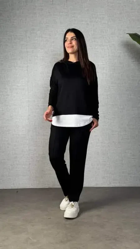 Women's Long Sleeve Hooded Drawstring Viscose Two Thread Blouse and Pants Set - BÜYÜKBEDENIZ