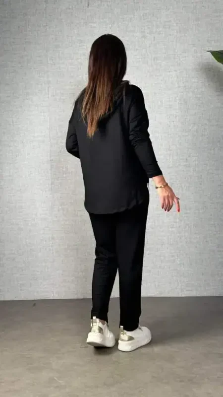 Women's Long Sleeve Hooded Drawstring Viscose Two Thread Blouse and Pants Set - 3