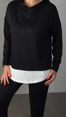 Women's Long Sleeve Hooded Drawstring Viscose Two Thread Blouse and Pants Set - 4