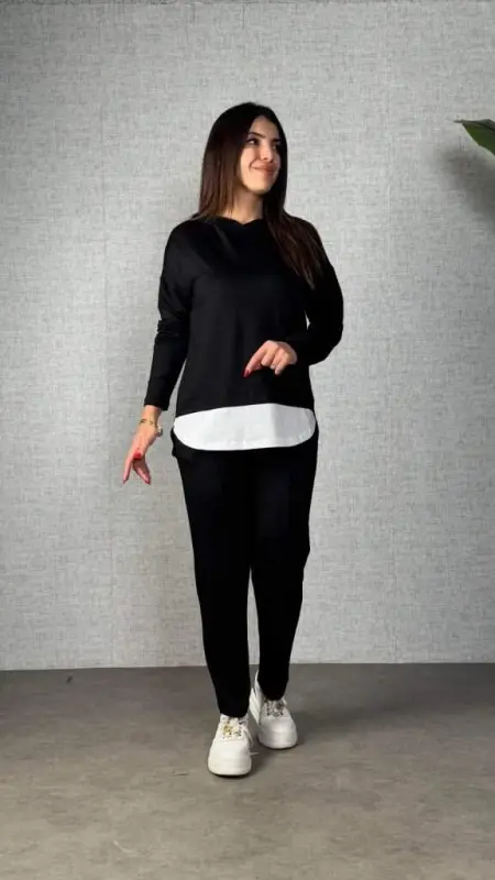 Women's Long Sleeve Hooded Drawstring Viscose Two Thread Blouse and Pants Set - 2