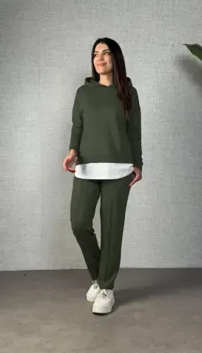 Women's Long Sleeve Hooded Drawstring Viscose Two Thread Blouse and Pants Set - 1