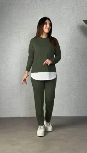 Women's Long Sleeve Hooded Drawstring Viscose Two Thread Blouse and Pants Set - BÜYÜKBEDENIZ (1)