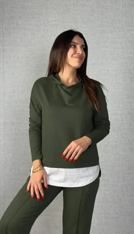 Women's Long Sleeve Hooded Drawstring Viscose Two Thread Blouse and Pants Set - 3