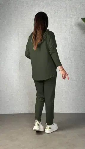 Women's Long Sleeve Hooded Drawstring Viscose Two Thread Blouse and Pants Set - 4