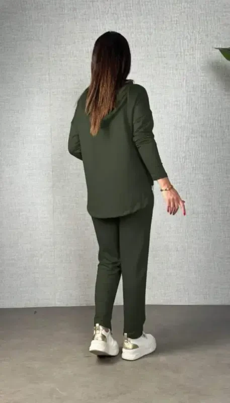 Women's Long Sleeve Hooded Drawstring Viscose Two Thread Blouse and Pants Set - 4