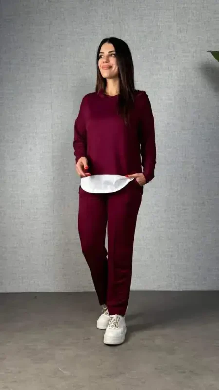 Women's Long Sleeve Hooded Drawstring Viscose Two Thread Blouse and Pants Set - 1