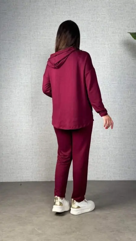 Women's Long Sleeve Hooded Drawstring Viscose Two Thread Blouse and Pants Set - 3
