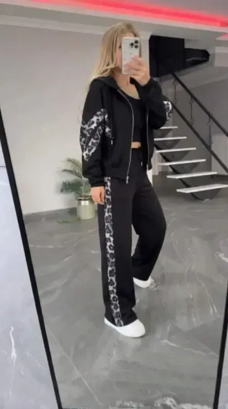 Women's Long Sleeve Hooded Front Zipper Leopard Patterned Modal Blouse and Pants Set - 4