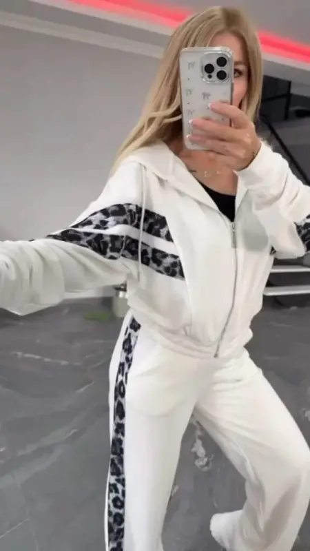 Women's Long Sleeve Hooded Front Zipper Leopard Print Modal Blouse and Pants Set - 2