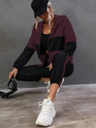 Women's Long Sleeve Hooded Front Zipper Viscose Two Thread Blouse and Pants Set - 1