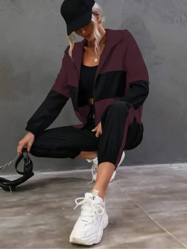 Women's Long Sleeve Hooded Front Zipper Viscose Two Thread Blouse and Pants Set - 1