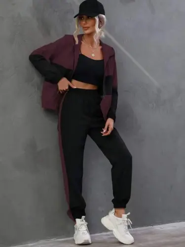 Women's Long Sleeve Hooded Front Zipper Viscose Two Thread Blouse and Pants Set - BÜYÜKBEDENIZ (1)