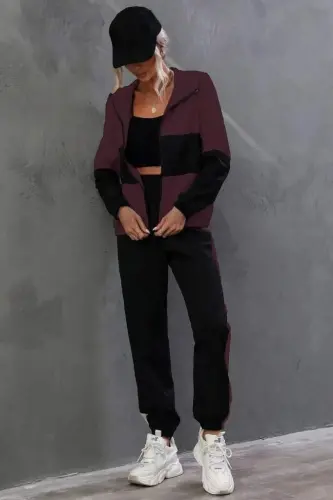 Women's Long Sleeve Hooded Front Zipper Viscose Two Thread Blouse and Pants Set - 3