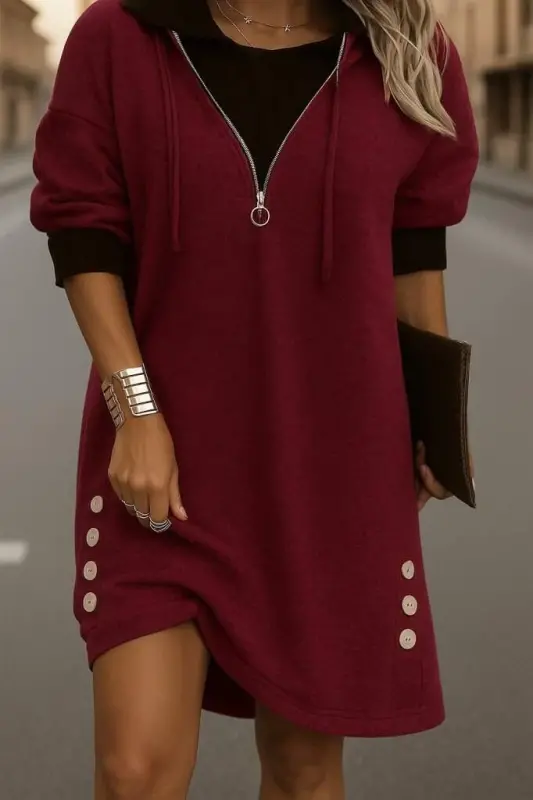 Women's Long Sleeve Hooded Front Zippered Buttoned Mini Two Thread Dress - 1